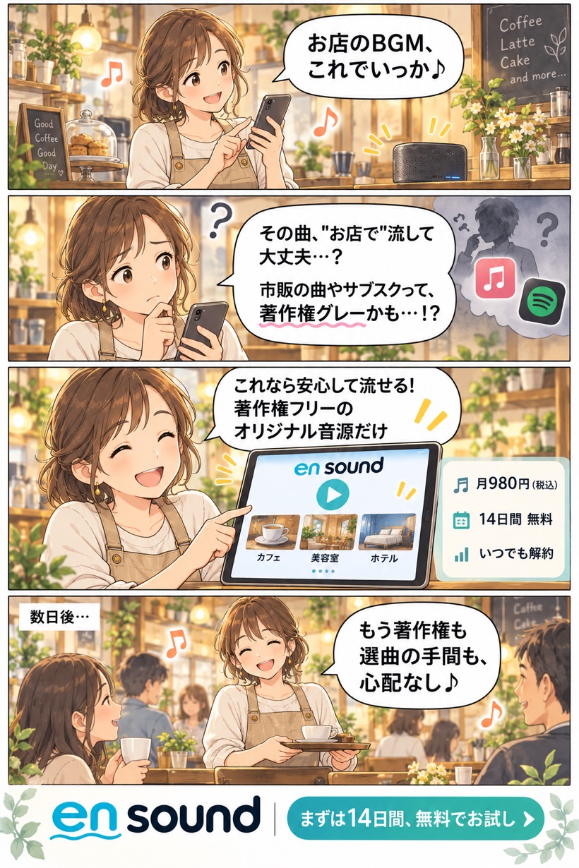 店舗BGMサービスの比較を助ける4コマ漫画